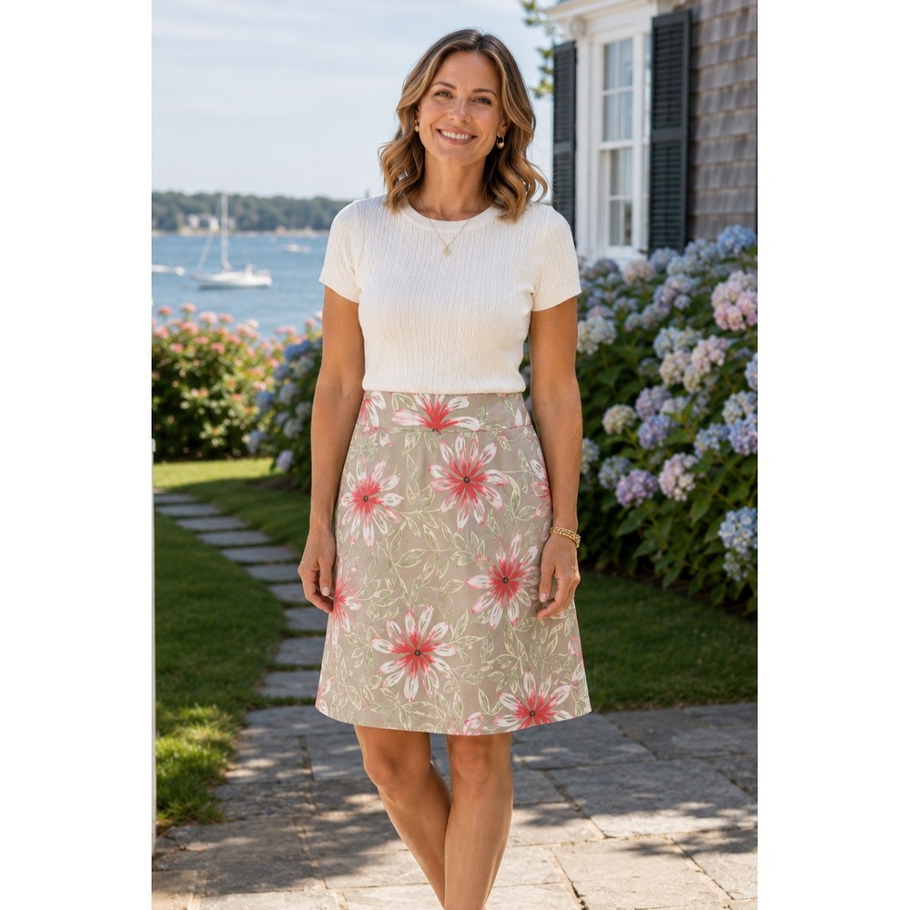 Talbots Floral A-Line Skirt 12P Pink Green Stretch Cottagecore Coastal VTG 90s